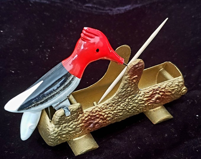 Antique Woodpecker Toothpick Holder Dispenser Vintage Cast Iron Metal