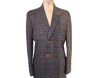 Vintage Mens Bespoke Checked Handwoven Donegal Tweed Wool Double Breasted Jacket