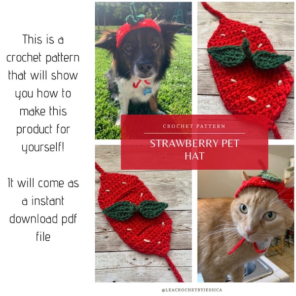 Strawberry Pet Hat Crochet Pattern, Dog Hat, Cat Hat, Pet Gift
