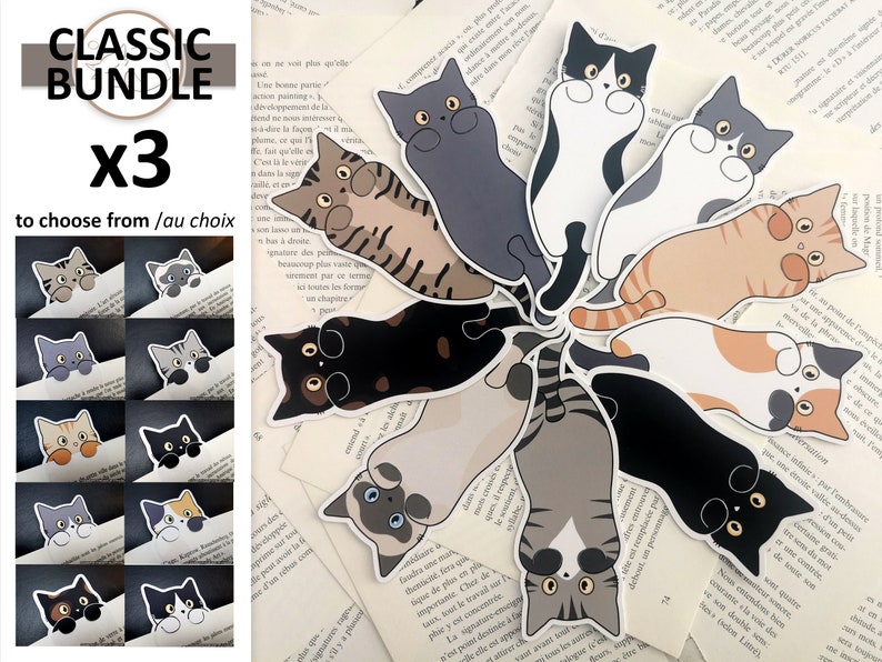 3 gelamineerde boekenleggers naar keuze Klassieke kattenbundel afbeelding 1