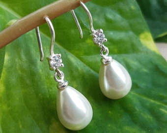 Perle und Zirkon natürlicher Edelstein baumeln Ohrring, 925 Sterling Silber Draht handgemachte Ohrringe, 18k Gold überzogene Peal Schmuck, Träne Ohrring