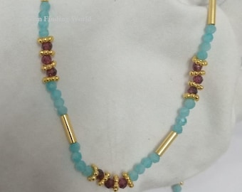 925 Sterling Silver Necklace, Amethyst Sky Apatite Gemstone Beaded Necklace, Gold Plated Jewelry, Handmade Jewelry, Birthday's Gift