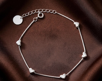 Heart Charm Bracelet, 925 Sterling Silver Heart Bracelet, Tiny Heart Station Bracelet, for Friendship Bracelet, Birthday Anniversary Gift