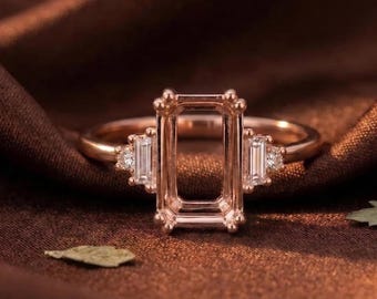Emerald Cut Blank Semi mount Engagement Ring, Gold Plated Statement Ring, CZ Setted Ring setting, Anniversary Gift, Her New Year Gift,