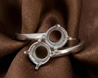 925 Sterling Silver Semi Mount Ring, 5x5mm Round Double Collet Ring, Moi et Toi Good for Resin and Ashes Work Setting For Making Ring
