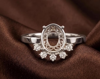 Oval Blank CZ Setted Ring, Semi Mount Women Ring Setting, 925 Sterling Silver Engagement Ring, Custom Center Stone Setting, For Stone Inlay