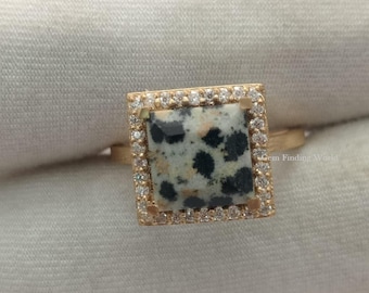 Natural Dalmatian Gemstone Ring, Round Zircon Setted Halo Ring, Gold Plated Statement Ring, For Women, Engagement Ring, Gift For Her