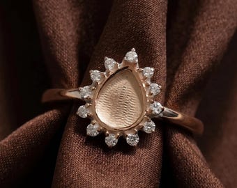 Pear Blank With Zircon Halo Promise Ring, 925 Sterling Silver Engagement Ring, Teardrop Wedding Ring,Resin & Ashes Work, Keepsake Breastmilk