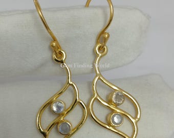 Dubbele zirkoon edelsteenoorbel, 18k vergulde oorbel, 925 sterlingzilveren bengeloorbel, handgemaakte designeroorbel, huwelijkscadeau