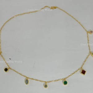 Natural Multi Gemstone Dangle Drop Necklace, 925 Silver Necklace, Birthstone Station Layering Necklace, Gold Plated Necklace, Gift for Her