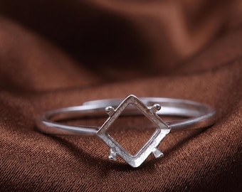 Sterling Silver Square Promise Ring, Semi Mounting Solitaire Ring, for women, Geometric Statement Ring, Without Gemstone Ring