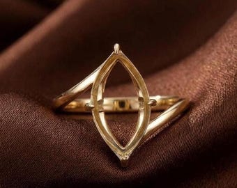 Pre Notched Semi Mount Ring Setting, 925 Sterling Silver Handmade Blank Marquise Ring, Gold Plated Ring for Stone Setting, Custom Bezel Ring