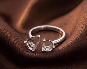 925 Sterling Silver Semi Mount Ring, Toi et Moi Ring, Two Stone Engagement Ring, Pear Cut Resin and Ashes Work Setting For Making Ring