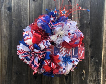 Fourth Of July Wreath, Memorial Day Wreath, Patriotic Wreath, Red White and Blue, USA Wreath, Housewarming Gift, Front Door Decor, July 4th