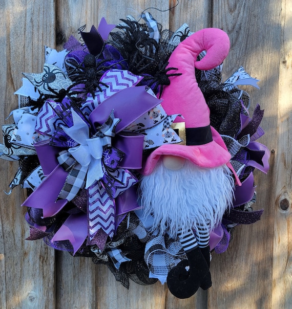 Gnome Halloween Wreaths, Spider Wreaths, Halloween Decor, Fall Decor, Purple Black Decor, Spider Wreaths, Outdoor Indoor Wreaths, Pink Gnome
