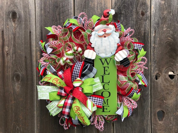 Welcome Santa Deco Mesh Wreath, Santa Christmas Wreath, Christmas Santa Home Decor, Welcome Christmas Sign, Holiday Wreath, Plaid Xmas Decor