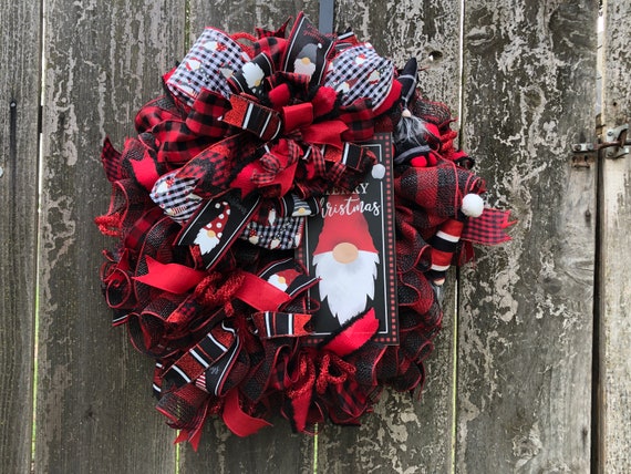 Gnome Christmas Wreath, Merry Christmas Wreath, Deco Mesh Christmas Wreath, Red Black Plaid Wreath, Holiday Wreath, Winter Wonderland
