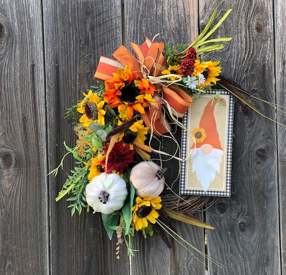 Gnome Fall Wreath, Gnome Grapevine Wreath, Green Orange Fall Home Decor, Sunflower Wreath, Pumpkin Grapevine Wreath, Floral Home Wreath