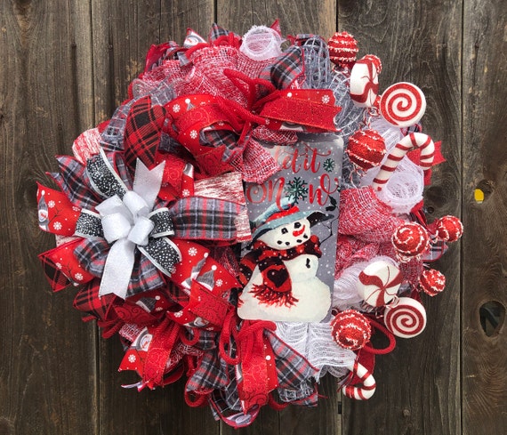 Snowman Wreath, Let it Snow Wreath, Deco Mesh Christmas Wreath, Red Black Plaid Wreath, Snow Wreath, Holiday Wreath, Winter Wonderland