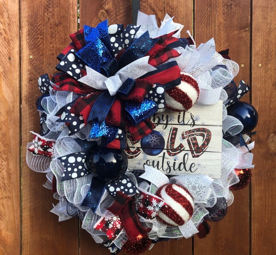 Ornament Christmas Wreath, Deco Mesh Christmas Wreath, Its Cold Outside Wreath, Holiday Wreath Home, Black Plaid Wreath Gift for the Home