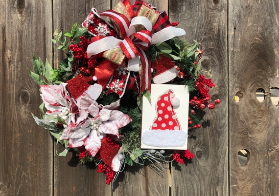 Greenery Poinsettia Wreath, Poinsettia Wreath, Santa Hat Wreath, Christmas Wreath, Home Christmas Wreath, Red White Poinsettia Wreath