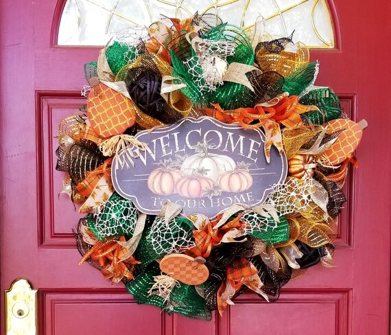 Green Orange Fall Wreath, Welcome Wreath, Autumn Wreath, Thanksgiving Wreath, Welcome Pumpkin Wreath, Orange Black Wreath, Front Door Wreath