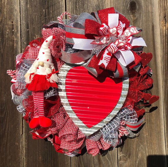 Valentines Wreath, Happy Valentines Day Decor, Red Silver Valentine Decor, Holiday Wreath, Red Heart Wreath, Love Wreath, Gnome Heart Decor