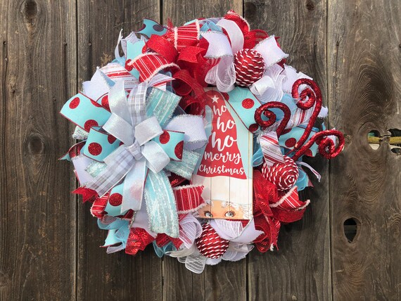 Santa Wreath, Santa Christmas Wreath, Elf Wreath, Blue Red Christmas Wreath, Glitter Christmas Decor, Ornament Wreath, Polka Dot Christmas