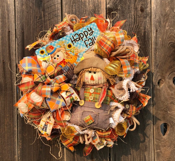 Fall Scarecrow Wreath, Happy Fall Yall Wreath, Deco Mesh Fall Home Decor, Orange Plaid Wreath, Orange Beige Green Decor, Straw Pumpkin Decor