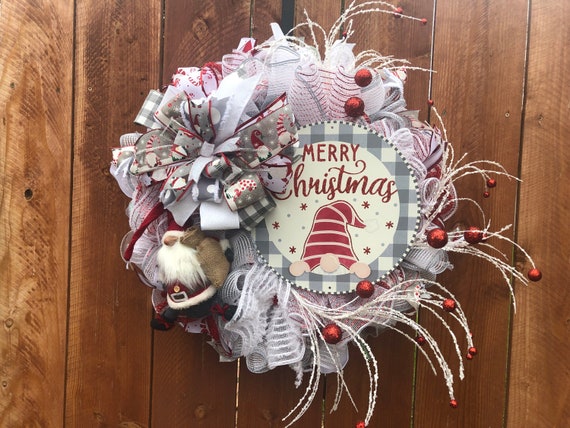 Gnome Christmas Wreath, Merry Christmas Wreath, Deco Mesh Christmas Wreath, Red Black Plaid Wreath, Holiday Wreath, Winter Wonderland, Santa