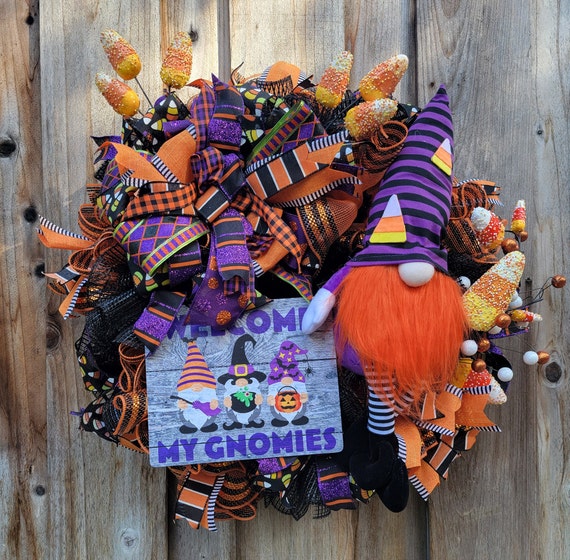 Halloween Wreath, Gnome Halloween Wreath, Halloween Decor, Fall Decor, Candy Corn Wreath, Candy Corn Decor, Fall Wreaths, Welcome My Gnomies