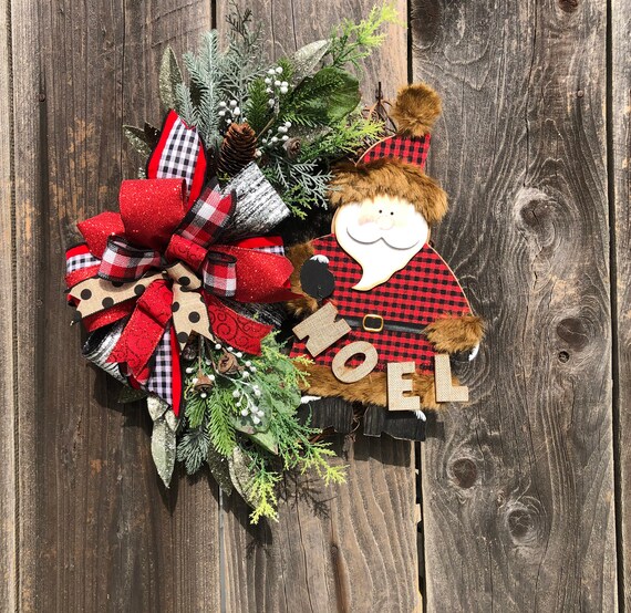Santa Claus Grapevine Wreath, Papa Noel Decor, Grapevine Christmas Wreath, Christmas Decor, Plaid Christmas, Checkered Christmas, Noel