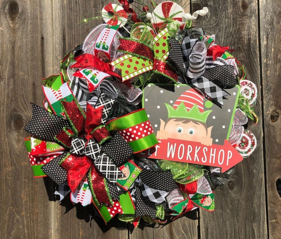 Christmas Elf Wreath, Santa's Workshop Wreath, Deco Mesh Christmas Wreath, Black Green Christmas, Holiday Wreath, Plaid Christmtas Wreath