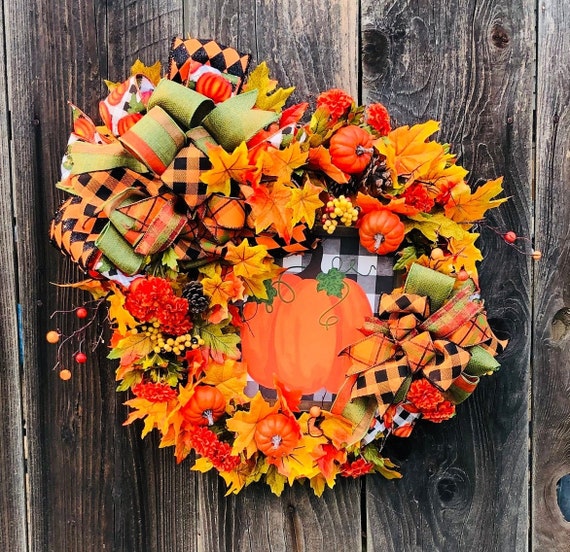 Pumpkin Fall Wreath, Pumpkin Halloween Wreath, Pumpkin Autumn Wreath, Orange Yellow Wreath, Fall Plaid Wreath, Fall Grapevine Wreath