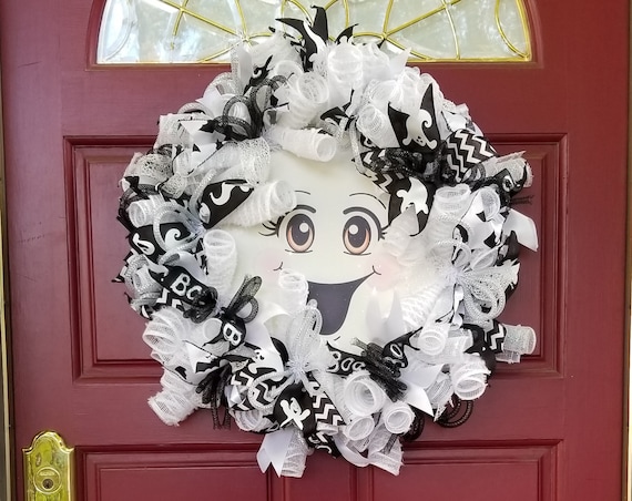 Ghost Wreath, Glitter Wreath, Halloween Wreath, Happy Ghost Wreath, Black White Glitter Wreath, Cartoon Ghost Wreath, Fall Wreath, Deco Mesh