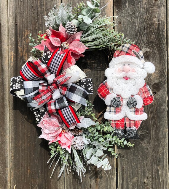 Santa Grapevine Wreath, Christmas Santa Wreath, Black Plaid Christmas Wreath, Black Red Poinsettia Wreath, Christmas Greenery Wreath