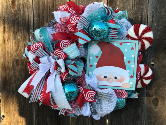 Christmas Wreath, Santa Christmas Wreath, Blue Red Christmas Decor, Santa Home Decor, Front Door Christmas Wreath, Peppermint Christmas