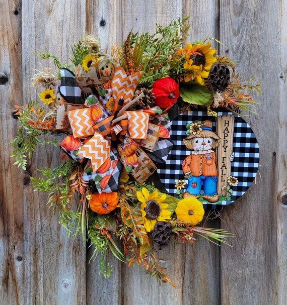 Sunflower Fall Wreath, Welcome Wreath, Pumpkin Wreath, Fall Flowers, Happy Fall, Front Door Wreath, Plaid Fall Wreaths, Halloween Wreaths