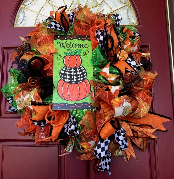Welcome Pumpkin Terri Bow Wreath, Thanksgiving Wreath, Green Orange Wreath, Terri Bow Wreath, Fall Wreath, Harvest Wreath, Deco Meseh Wreath