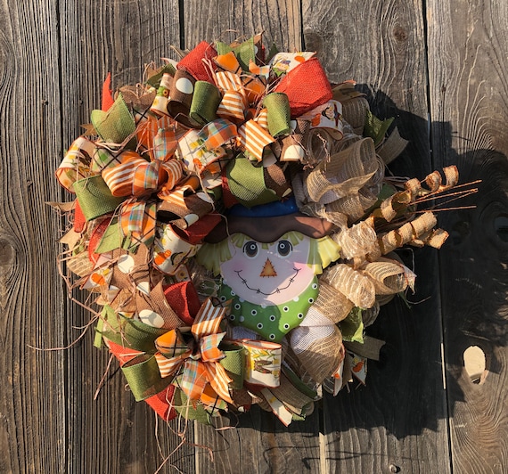 Fall Scarecrow Wreath, Straw Home Decor, Fall Thanksgiving Wreath, Beige Orange Green Wreath, Fall Decor Mesh Wreath, Fall Terri Bow Wreath