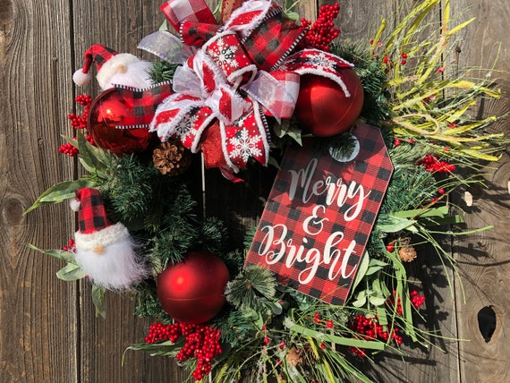Christmas Greenery Wreath, Christmas Gnome Wreath, Red Black Plaid Christmas Wreath, Holiday Greenery Berry Wreath, Santa Wreath