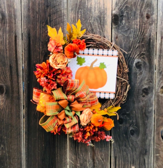 Fall Pumpkin Wreath, Autumn Fall Pumpkin Wreath, Pumpkin Wreath, Fall Foliage Wreath, Floral Wreath, Floral Grapevine Wreath, Orange Brown