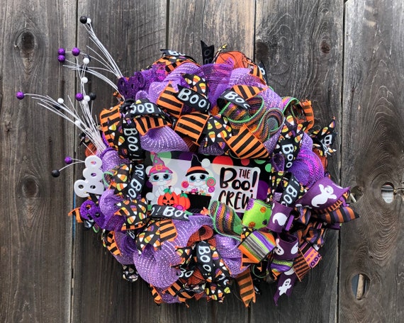 Halloween Deco Mesh Wreath, Boo Crew Sign Halloween Decor Wreath, Witch Halloween Wreath, Fall Wreath