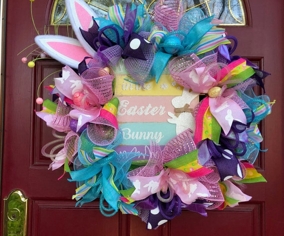 Easter Bunny Wreath, Happy Easter Wreath, Blue Easter Wreath, Purple Easter Wreath, Glitter Easter Wreath, Spring Easter Wreath, Pink Wreath