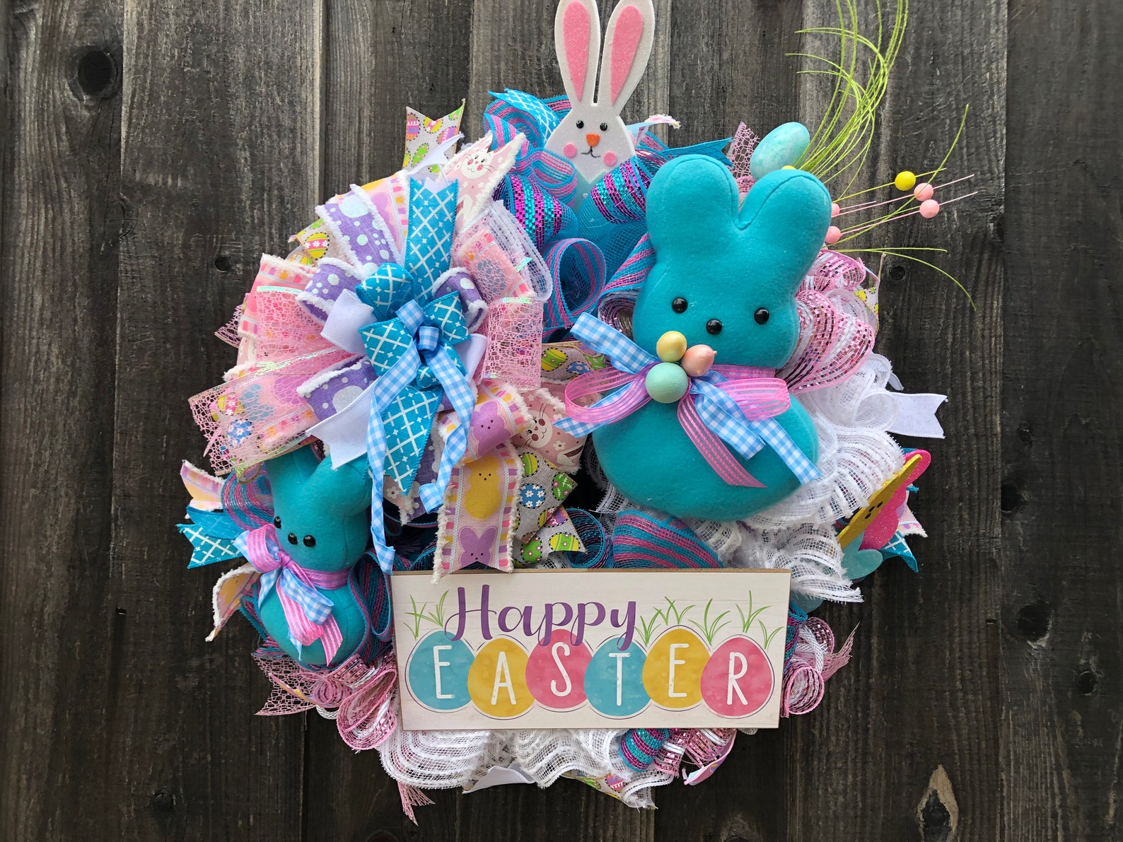 Happy Easter Peeps Deco Mesh Wreaths with Eggs and Twig Berries Happy Easter Peeps Deco Mesh Wreaths with Eggs and Twig Berries