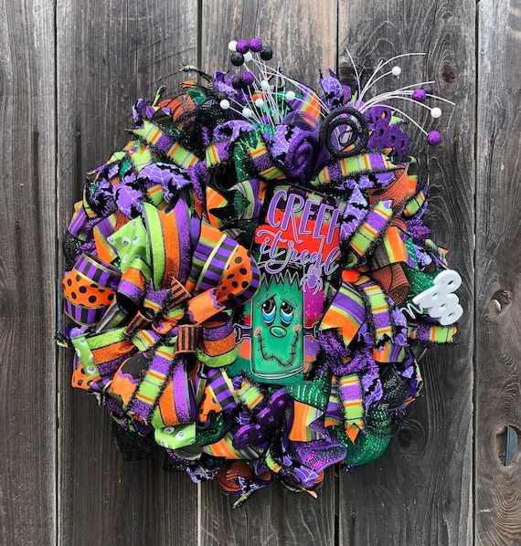 Monster Halloween Wreath, Frankenstein Wreath, Fall Halloween Decor, Fall Wreath, Deco Mesh Home Decor, Green Orange Purple Decor