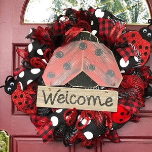 Lady Bug Wreath, Summer Wreath Decor, Summer Lady Bug Wreath, Welcome Lady Bug Decor, Red Black Wreath, Welcome Wreath, Polka Dot Wreath