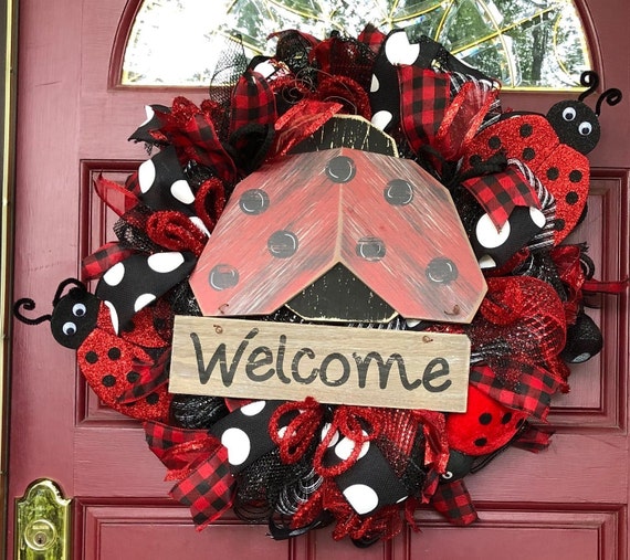 Lady Bug Wreath, Summer Wreath Decor, Summer Lady Bug Wreath, Welcome Lady Bug Decor, Red Black Wreath, Welcome Wreath, Polka Dot Wreath
