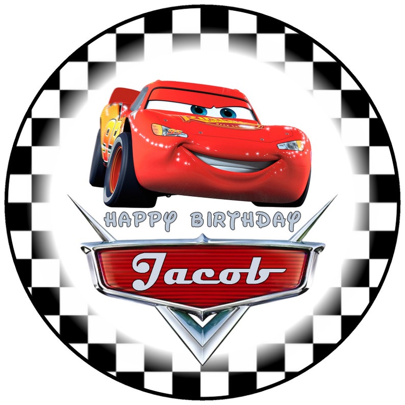 DISNEY CARS PARTY 7.5/" PERSONALISED ROUND EDIBLE ICING CAKE TOPPER