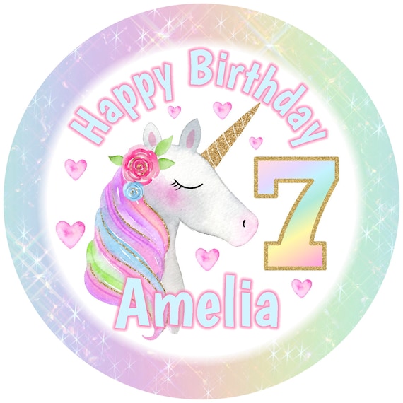 UNICORN EDIBLE IMAGE CAKE TOPPER 7 INCH PERSONALISED PRE-CUT ICING SHEET